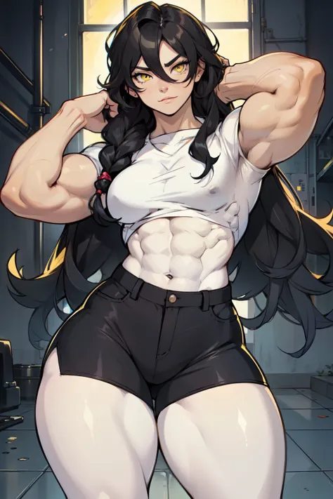 ((((muscular 1girl)))) ((thick thighs toned body )) (pale skin) black hair yellow eyes very long hair tight shirt and pants curly hair hair between eyes