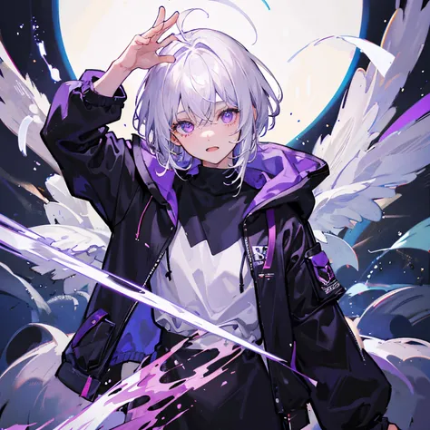 Boy with white hair purple glowing eyes wearing a hoodie