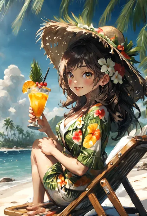 Oil painting, heavy brush strokes, paint splashes, a cute snowman relaxing on the beach chair, drinking a refreshing cocktail, holding an umbrella, (wearing Hawaiian shirt:1.2),portrait, (((full body:1.3 ))) a primitive tropical beach and palms in the back...