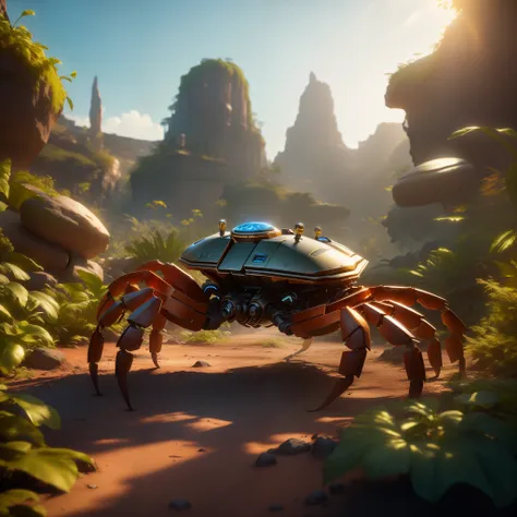 A crab is walking along a path in the jungle, fantasy style 8 k octane render, (Octane Render) fantasy style, made in unreal engine 5, Summer Unreal Engine 5, Fantastic screenshot, rendered in corona, created in unreal engine 5, rendered in unreal engine 5...