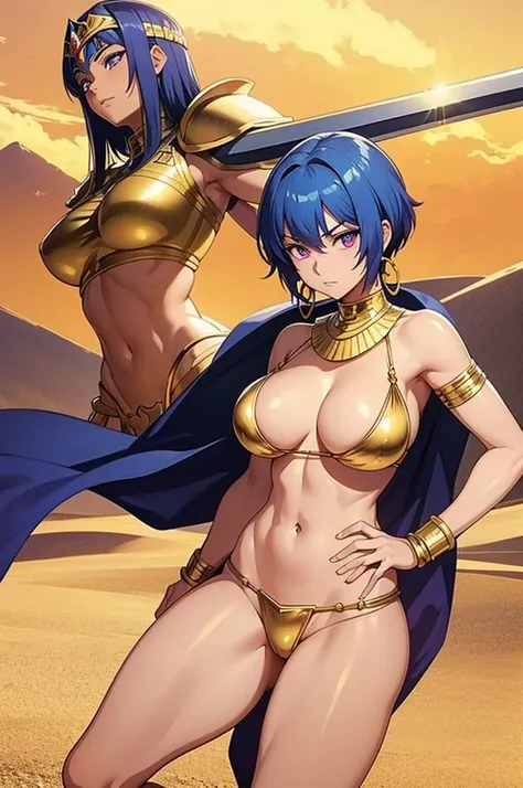 Anime Egyptian warrior woman, Short blue hair, purple eyes, golden earrings rings Golden Bikini armor, golden bracelets, golden belt with white loincloth, bare legs, holding two big swords. desert background