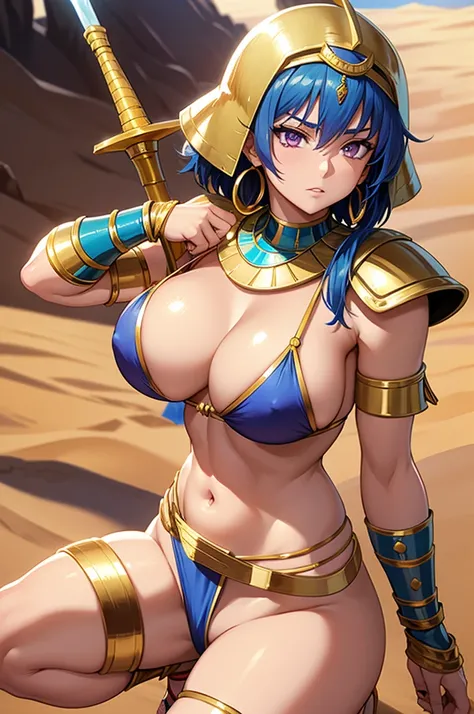 Anime Egyptian warrior woman, Short blue hair, purple eyes, golden earrings rings Golden Bikini armor, golden bracelets, golden belt with white loincloth, bare legs, holding two big swords. desert background