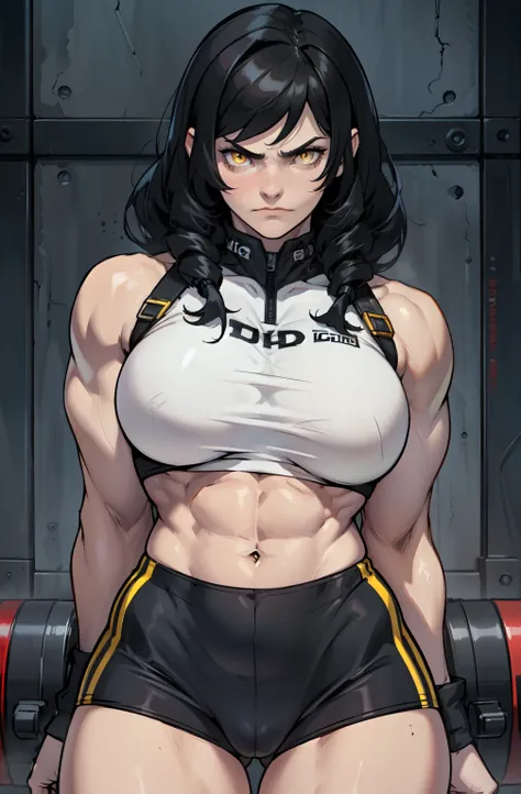 ((1 girl)), solo, ((muscular)), veins, black hair, yellow eyes, pale skin, strong, veins, abs, huge breasts, frowning, (((UHD best quality 16k masterpiece))) drill hair