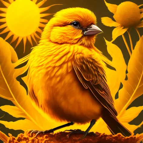 a canary with heat in the scorching sun, arte surreal, estampa (solar/夏天), personagem (canary in the sun), arte detalhes perfeitos, arte em amarelo/bege/amber/cores de citrino