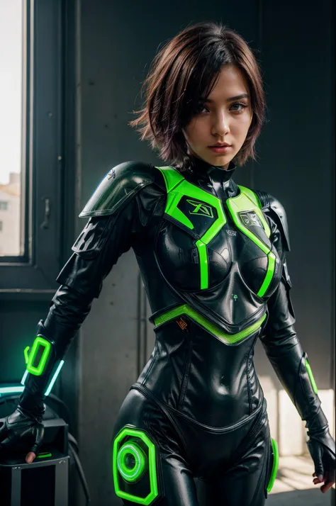 greece girl, random color hair, neon green robotic armor, exo_suit, body suit, portrait, noon, against futuristic town, sun ray