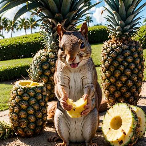 a little squirrel brought home with a pineapple with a cheerful expression,