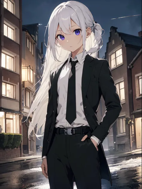 (​masterpiece、top-quality)、(((frombelow、depth of fields、Dutch Angle、green lighting)))、floated hair、女の子1人、独奏、Formal、Bob Hair、Long sideburns、white  hair、Purple eyes、hands on pockets、suits、black gloves、建筑、looking at viewert、Black tie、fingerless gloves、White s...