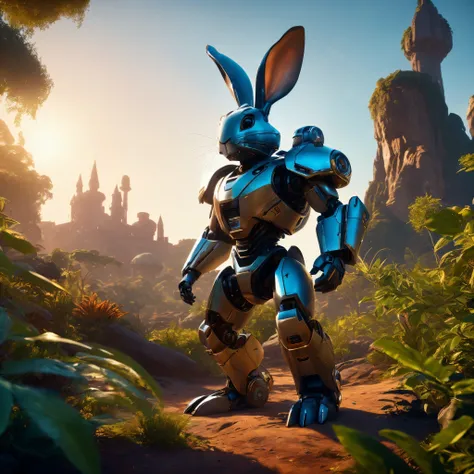 Arafed robot, standing in the forest with a castle in the background, Robot Rabbit, Rabbt_character, key art, dusty unreal engine, made in unreal engine 5, created in unreal engine 5, ( ( Unreal engine ) ), Unreal 5 engine", fantasy style 8 k octane render...