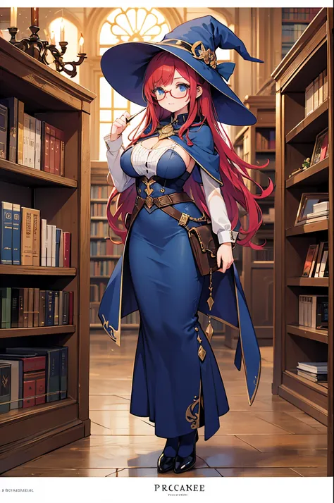 Red hair, long hair, witch, big breasts, blue clothing, pointed hat ,glasses, young adult, Blue eyes, mage, shy. full body, Library background, spellbook