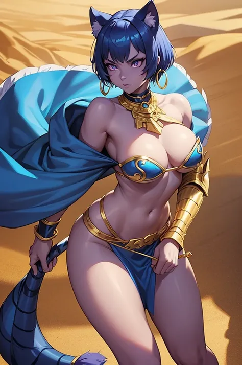 half Panther woman, Short blue hair, blue furry skin purple eyes, golden earrings rings Golden Bikini armor, golden bracelets, golden belt with white loincloth, blue bare legs, blue panther cat ears, long blue panther tail holding two big swords. desert ba...