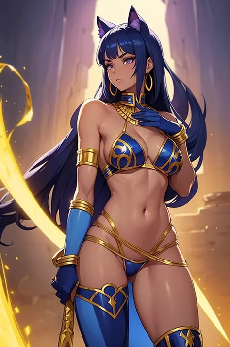 Egyptian Panther woman, Short blue hair, blue furry skin purple eyes, golden earrings rings Golden Bikini armor, golden bracelets, golden belt with white loincloth, blue bare legs, blue panther cat ears, long blue panther tail holding two big swords. deser...