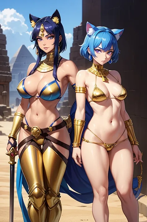 Egyptian Panther woman, Short blue hair, blue furry skin purple eyes, golden earrings rings Golden Bikini armor, golden bracelets, golden belt with white loincloth, blue bare legs, blue panther cat ears, long blue panther tail holding two big swords. deser...