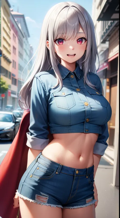 super fine illustration,vibrant colors, masterpiece, sharp focus, best quality, depth of field, cinematic lighting,ultra detailed,1girl,solo,denim jacket,white shirt,crop top,midriff,denim shorts,large breasts,long hair,silver hair,red eyes,blush,smile,ope...