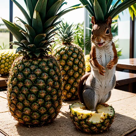 a little squirrel brought home with a pineapple with a cheerful expression,