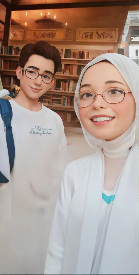 Disney Pixar cartoon characters , man and girl smile , lovers , he wear white t-shirts with a glasses and brown hair , she wear white Veil and blouse in a library ((oversaturated)), snapchat photo, with a orientalist smileful face, portait photo profile pi...