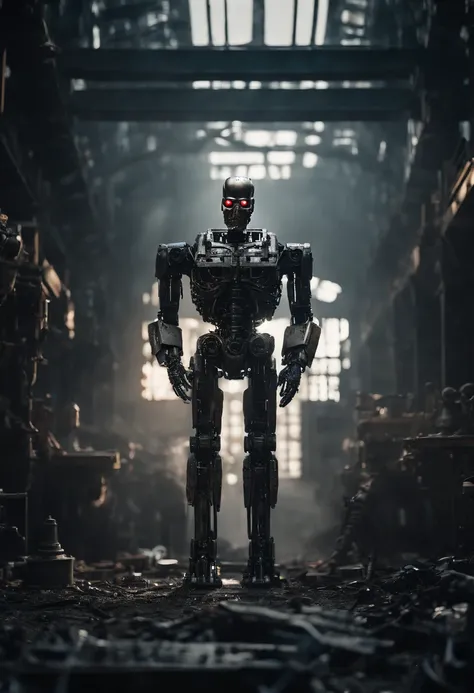 Generate a high quality image in an intricate AI Terminator made out of steel, hydraulics and computer parts, have an extensive eerie background symbolizing an aftermath of war