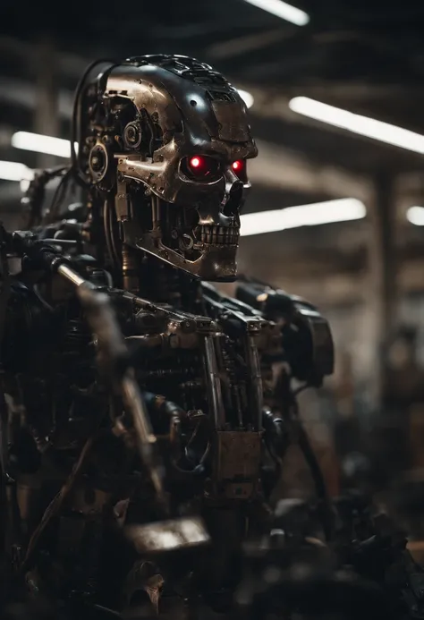 Generate a high quality image in an intricate AI Terminator made out of steel, hydraulics and computer parts, have an extensive eerie background symbolizing an aftermath of war