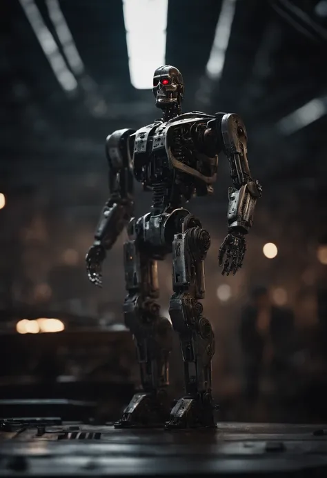 Generate a high quality image in an intricate AI Terminator made out of steel, hydraulics and computer parts, have an extensive eerie background symbolizing an aftermath of war