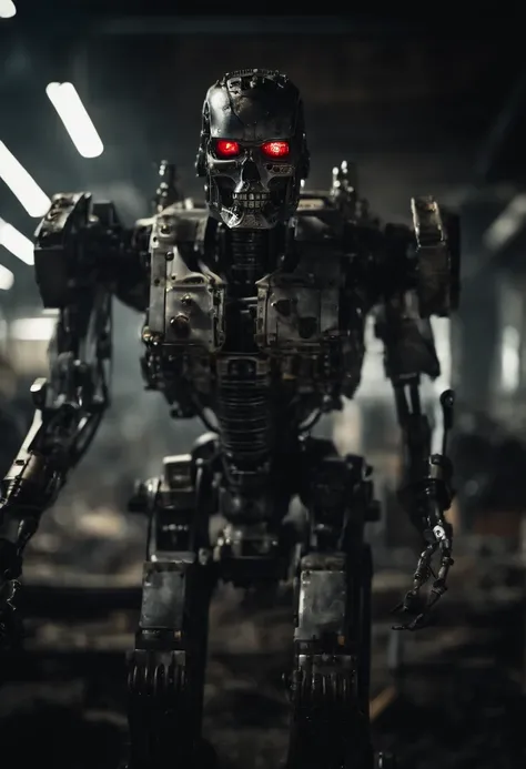 Generate a high quality image in an intricate AI Terminator made out of steel, hydraulics and computer parts, have an extensive eerie background symbolizing an aftermath of war