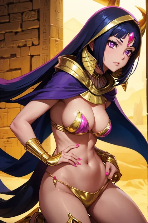 anime Egyptian Scorpion woman, short Dark blue hair, purple eyes, evil face, Light yellow hood, pink jewel on forehead, golden collar with pink crystal, Light yellow robe, light yellow cape, Long sharp dark blue Scorpion Tail, Egyptian Desert background.