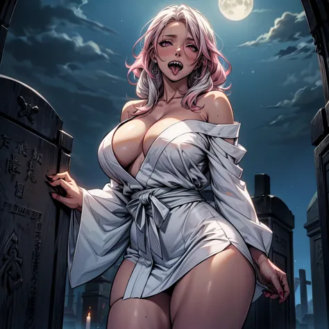 Masterpiece, 1girl,solo,huge breasts, ghost costume , (hitodama) ,night, tombstone, graveyard, long sleeves, very long sleeves, , ghost, pale skin,, off shoulder, cleavage, no bra, (((extremely long white hair))), standing by tombstone, bare legs, shredded...