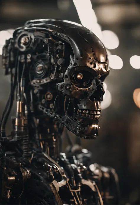 Generate a high quality image in an intricate AI Terminator made out of steel, hydraulics and computer parts, have an extensive eerie background symbolizing an aftermath of war