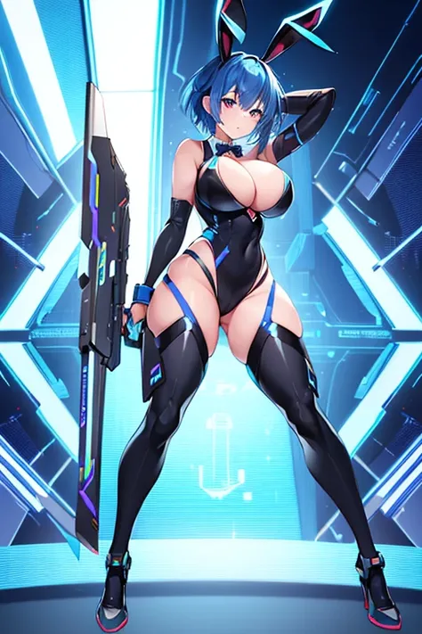 1girl, blue hair, large breasts, bunny ears, rabbit ears, wide hips, bodysuit, black bodysuit, short hair, very short hair, science-fiction, tech, futuristic, machinery, full body, ((full body)), neon trim