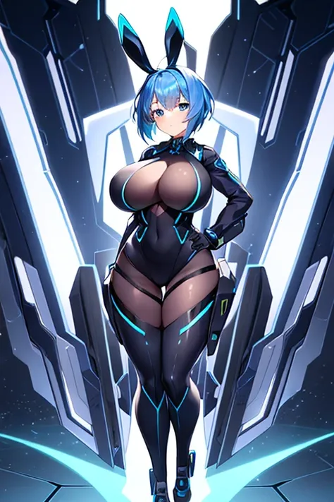 1girl, blue hair, large breasts, bunny ears, rabbit ears, wide hips, bodysuit, black bodysuit, short hair, very short hair, science-fiction, tech, futuristic, machinery, full body, ((full body)), neon trim