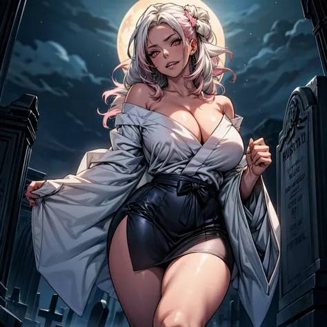 Masterpiece, 1girl,solo,huge breasts, ghost costume , (hitodama) ,night, tombstone, graveyard, long sleeves, very long sleeves, , ghost, pale skin,, off shoulder, cleavage, no bra, (((extremely long white hair))), standing by tombstone, bare legs, shredded...