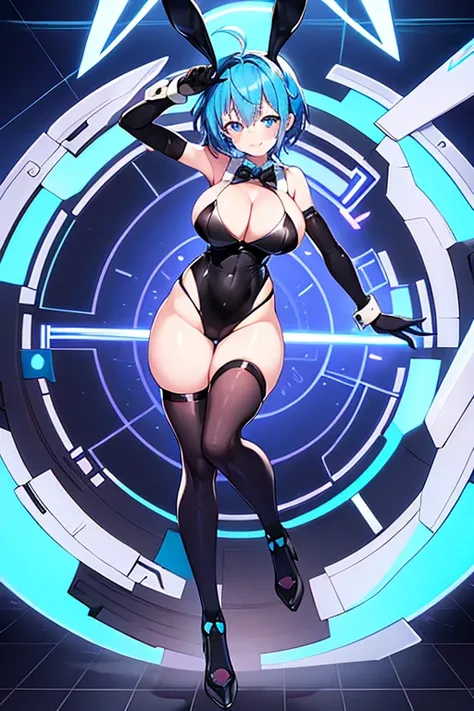 1girl, blue hair, large breasts, bunny ears, rabbit ears, wide hips, bodysuit, black bodysuit, short hair, very short hair, science-fiction, tech, futuristic, machinery, full body, ((full body)), neon trim, happy, light smile