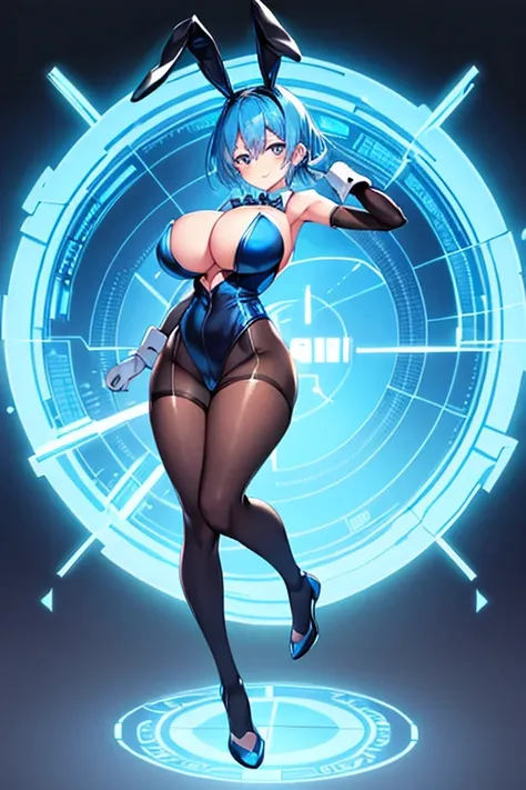 1girl, blue hair, large breasts, bunny ears, rabbit ears, wide hips, bodysuit, black bodysuit, short hair, very short hair, science-fiction, tech, futuristic, machinery, full body, ((full body)), neon trim, happy, light smile