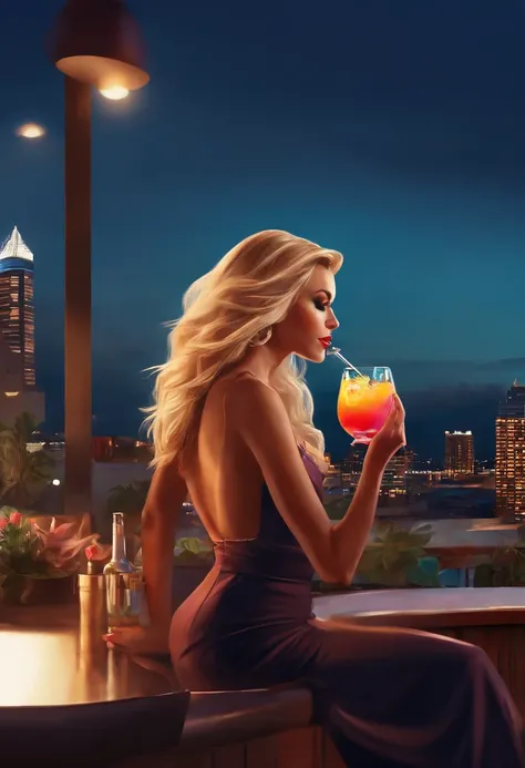 The image is of Jenny sitting at a trendy rooftop bar, sipping on a colorful cocktail, with the city skyline in the background.,original,Jenny is a woman with tanned skin, lots of makeup, long straight blonde hair, large breasts and butt