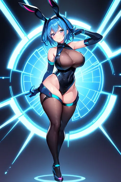 1girl, blue hair, large breasts, bunny ears, rabbit ears, wide hips, bodysuit, black bodysuit, short hair, very short hair, science-fiction, tech, futuristic, machinery, full body, ((full body)), neon trim, happy, light smile