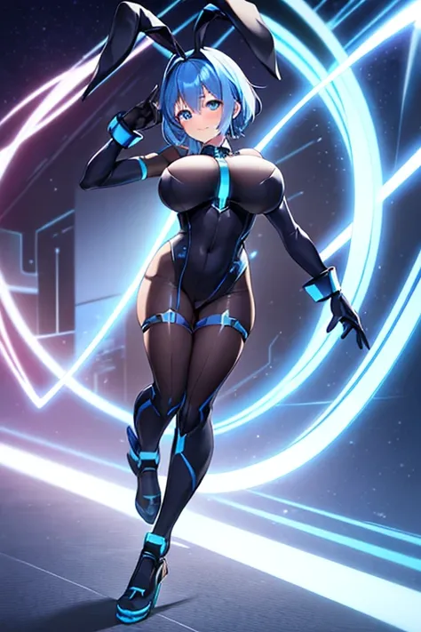 1girl, blue hair, large breasts, bunny ears, rabbit ears, wide hips, bodysuit, black bodysuit, short hair, very short hair, science-fiction, tech, futuristic, machinery, full body, ((full body)), neon trim, happy, light smile