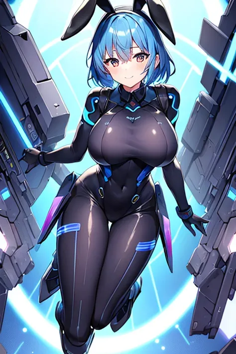 1girl, blue hair, large breasts, bunny ears, rabbit ears, wide hips, bodysuit, black bodysuit, short hair, very short hair, science-fiction, tech, futuristic, machinery, full body, ((full body)), neon trim, happy, light smile