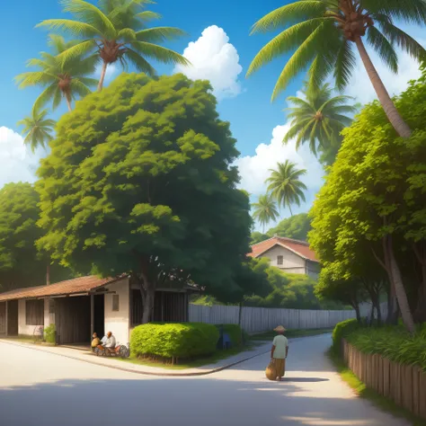 A Ghibli picturesque blue sky with coconut trees scene showing a middle aged coconut farmer man giving fruits and vegetables to his neighbors