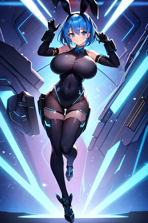 1girl, blue hair, large breasts, bunny ears, rabbit ears, wide hips, bodysuit, black bodysuit, short hair, very short hair, science-fiction, tech, futuristic, machinery, full body, ((full body)), neon trim, happy, light smile