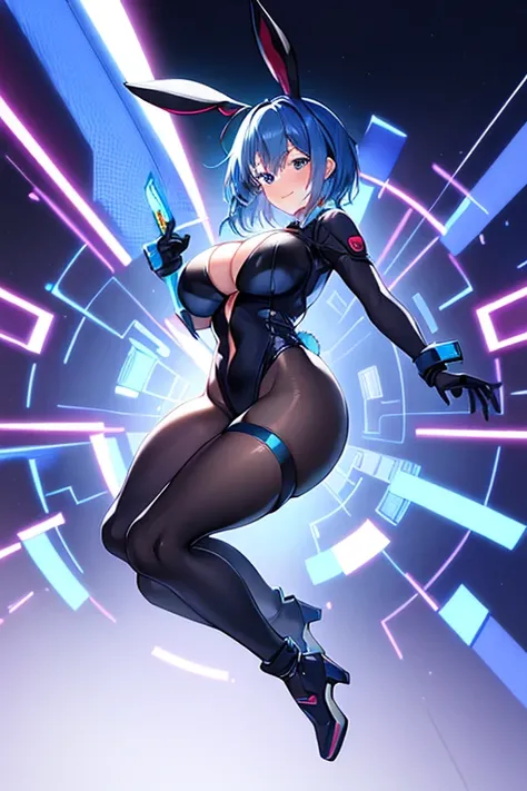 1girl, blue hair, large breasts, bunny ears, rabbit ears, wide hips, bodysuit, black bodysuit, short hair, very short hair, science-fiction, tech, futuristic, machinery, full body, ((full body)), neon trim, happy, light smile