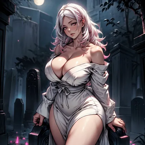 Masterpiece, 1girl,solo,huge breasts, ghost costume , (hitodama) ,night, tombstone, graveyard, long sleeves, very long sleeves, , ghost, pale skin,, off shoulder, cleavage, no bra, (((extremely long white hair))), standing by tombstone, bare legs, shredded...