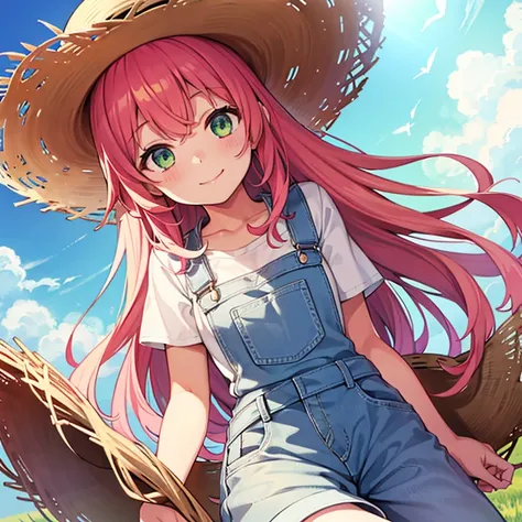 1girl, looking at viewer, isolated on white background, gentle smile, green eyes, pink curly hair, farmer outfit, straw hat, blue overall, ultra HD, sharp, 8k