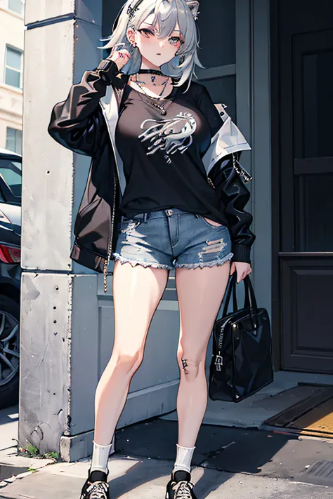 masterpiece,best quality,1girl,Street Wear, Casual, Big Breasts, Black Denim Jacket with a White Tiger face on, silver chain necklace , ear piercings, plain white t-shirt, mature, adult, tall, thighs, black socks