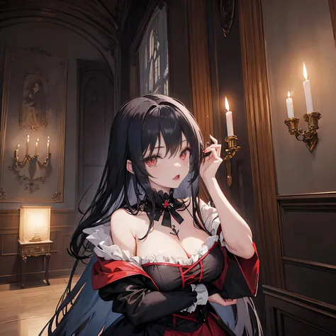 Anime style, female vampire gothic women in colonial castle, her mouth open and show her big caninos, candles in the walls, canvas in the wall