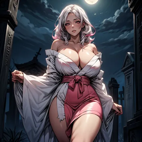 Masterpiece, 1girl,solo,huge breasts, ghost costume , (hitodama) ,night, tombstone, graveyard, long sleeves, very long sleeves, , ghost, pale skin,, off shoulder, cleavage, no bra, (((extremely long white hair))), standing by tombstone, bare legs, shredded...