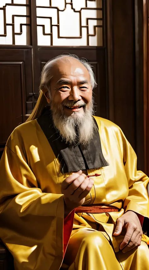 very old chinese old man with long beard and smiling, wearing a golden robe, inside an ancient shao lin monastery