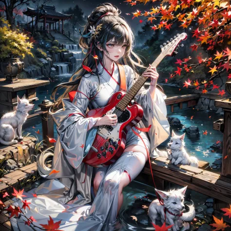 Cinematic lighting,super detailed skin、Beautiful detailed eyes、Best Quality,Perfect Anatomy,(Alternative、dim colors, Soothing tones:1.3),(Detailed beautiful facial features:1.3)A girl wearing a flashy white kimono、 （Girl Playing Guitar、Highly detailed hand...