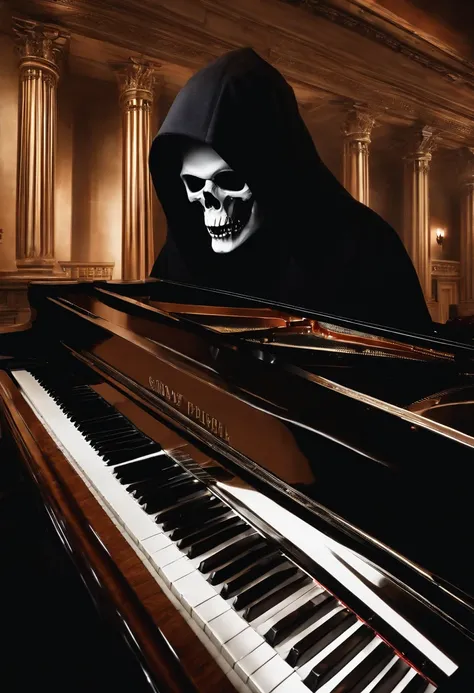 A photo of the grim reaper playing a somber melody on a grand piano in a dimly lit concert hall.,original,grim reaper