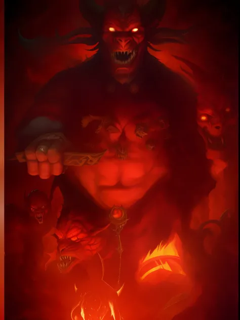 There&#39;s a red devil with a chain around his neck, Governante do Inferno, Retrato de Hades, Fire Demon, O Rei do Inferno, djinn man male demon, Demon Lord, O Deus Hades, full art illustration, Rei do inferno, ruler of the demons, arte conceitual demon s...