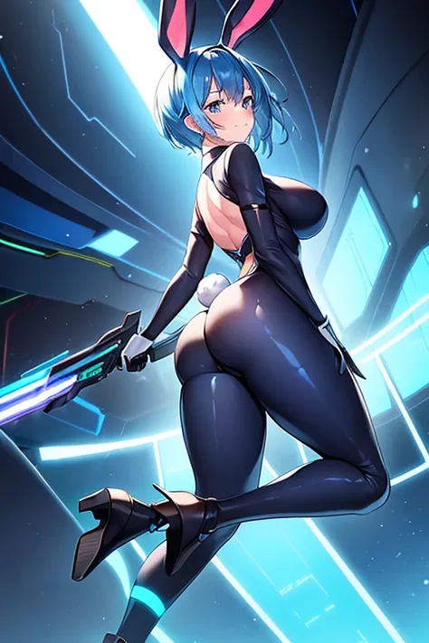 1girl, blue hair, large breasts, bunny ears, rabbit ears, wide hips, bodysuit, black bodysuit, short hair, very short hair, science-fiction, tech, futuristic, machinery, full body, neon trim, happy, light smile, from behind, ass,