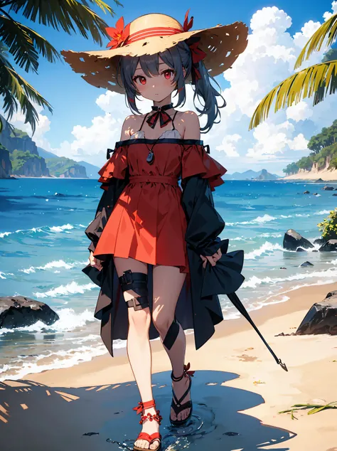 god quality, Extremely detailed, anime moe artstyle,best anime 8k konachan wallpaper,(Please draw A girl in a off shoulder dress walking on the beach. :1.3),break, 1girl, (Solo, babyface, 13-year-old:1.5),(dark tan skin),  Full limbs, complete fingers,long...