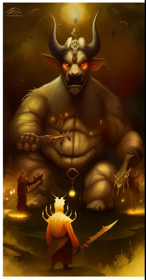 there is a large creature with horns and a knife in its hand, fat ripped satanic creature, epic full color illustration, Fungal Deus, um monstro de cardo humanoide, Symmetrical Epic Fantasy Art, an ominous fantasy illustration, the beast of judgement, no e...